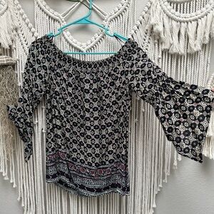 Express Black Floral Off-Shoulder Bell Sleeve Blouse